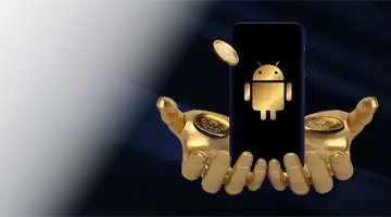 Иллюстрация золотых рук, держащих смартфон с логотипом Android, представляющая бонус мобильного приложения в Игорный дом Еномо онлайн-казино.